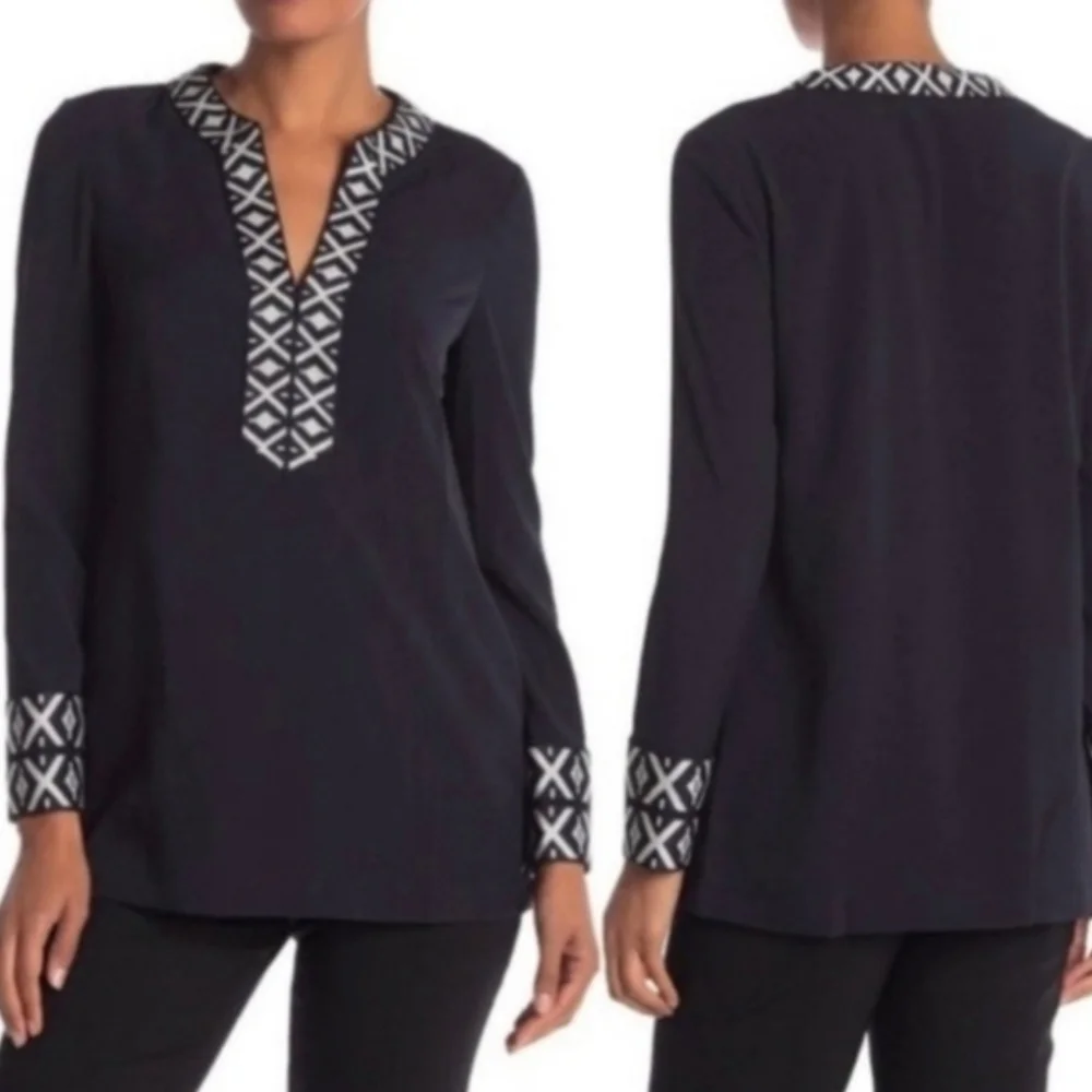Tory Burch Embroidered Navy Tunic Top with Geometric Trim
